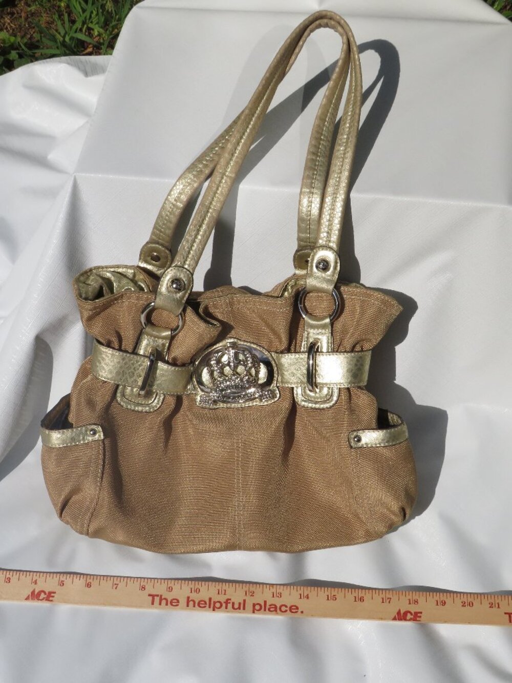 Vintage Kathy Van Zeeland Y2K Crown Logo Shoulder Bag Gold Metallic Trim desiger